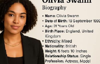 Olivia Swann portrait alongside her biographical information, including age, birth date, ethnicity, height, profession, and net worth.
