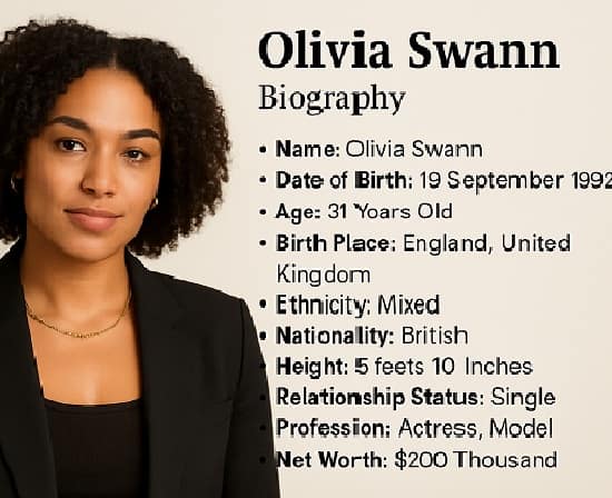 Olivia Swann portrait alongside her biographical information, including age, birth date, ethnicity, height, profession, and net worth.