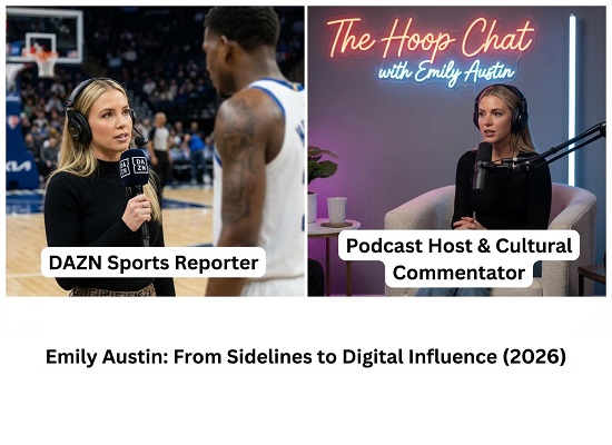 Emily Austin reporting for DAZN at an NBA game and hosting The Hoop Chat podcast in 2026.